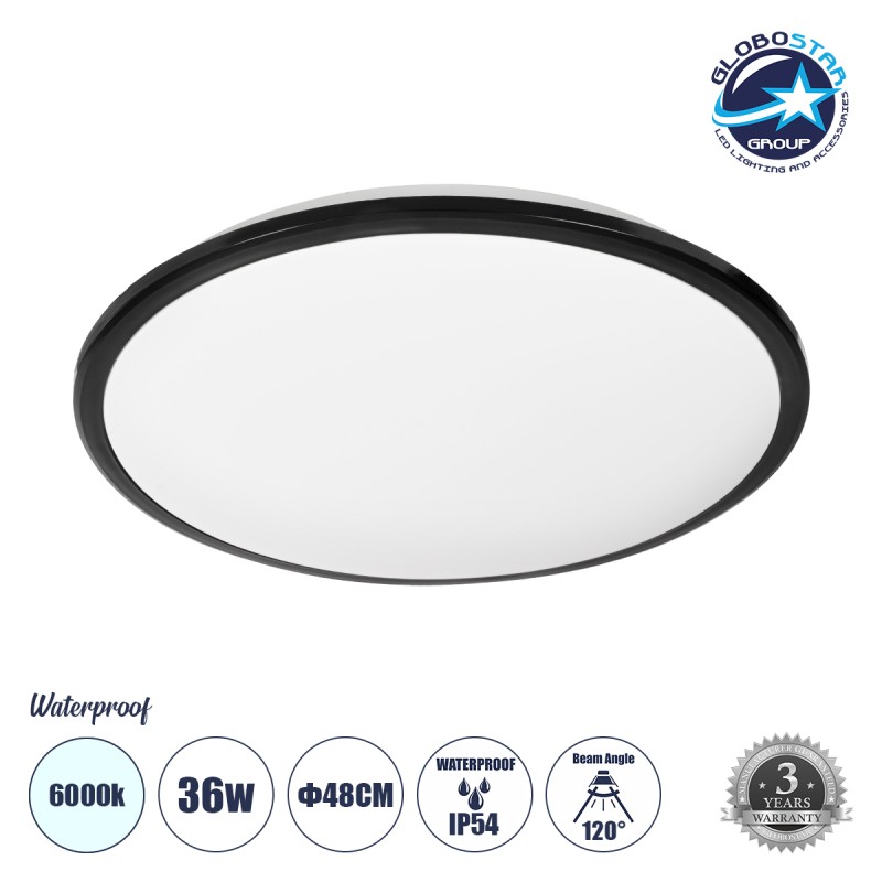 GLOBOSTAR® TUFFIN 60998 Φωτιστικό Πλαφονιέρα Οροφής LED 36W 3600lm 120° AC 220-240V Αδιάβροχο IP54 Ψυχρό Λευκό 6000K - Lumileds SMD Chip - Μαύρο Ματ & Λευκό Γαλακτερό - Μ48 x Π48 x Υ6.5cm - 3 Χρόνια Εγγύηση