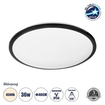 GLOBOSTAR® TUFFIN 60999 Φωτιστικό Πλαφονιέρα Οροφής LED 36W 3420lm 120° AC 220-240V Αδιάβροχο IP54 Φυσικό Λευκό 4500K - Lumileds SMD Chip - Μαύρο Ματ & Λευκό Γαλακτερό - Μ48 x Π48 x Υ6.5cm - 3 Χρόνια Εγγύηση