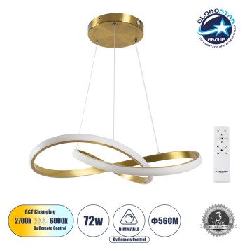 GLOBOSTAR® DEXTER 61051 Μοντέρνο Κρεμαστό Φωτιστικό Οροφής LED 72W 7200lm 300° AC 220-240V IP20 Ρυθμιζόμενο Λευκό CCT με Χειριστήριο από 2700K έως 6000K Dimmable - Lumileds SMD Chip - Σατινέ Χρυσό Βούρτσας - Μ56 x Π56 x Υ14cm - 3 Χρόνια Εγγύηση
