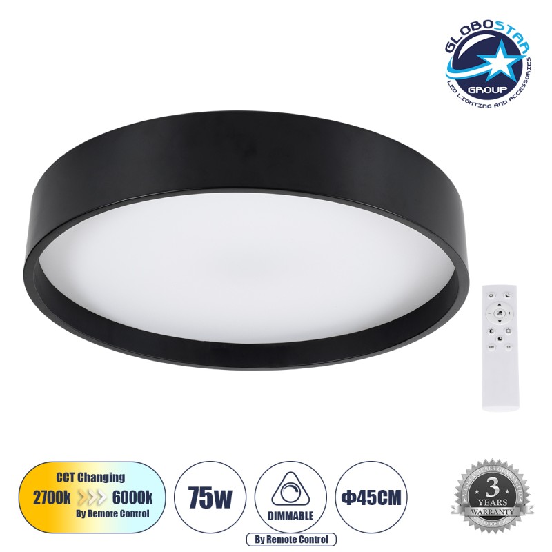 GLOBOSTAR® NARNIA 61257 Μοντέρνο Φωτιστικό Οροφής LED 75W 8625lm 120° AC 220-240V IP20 Ρυθμιζόμενο Λευκό CCT με Χειριστήριο από 2700K έως 6000K Dimmable - Lumileds SMD Chip - Μαύρο Ματ - Μ45 x Π45 x Υ8cm - 3 Χρόνια Εγγύηση