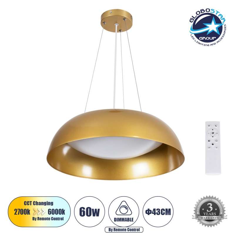 GLOBOSTAR® ANATOLIA 61268 Μοντέρνο Κρεμαστό Φωτιστικό Οροφής LED 60W 6900lm 120° AC 220-240V IP20 Ρυθμιζόμενο Λευκό CCT με Χειριστήριο από 2700K έως 6000K Dimmable - Lumileds SMD Chip - Χρυσό - Μ43 x Π43 x Υ11cm - 3 Χρόνια Εγγύηση
