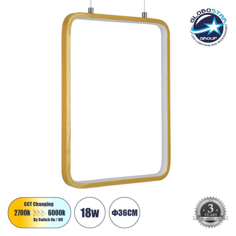 GLOBOSTAR® NEROBA 61305 Μοντέρνο Κρεμαστό Φωτιστικό Οροφής LED 18W 1980lm 360° AC 220-240V IP20 Ρυθμιζόμενο Λευκό CCT με On/Off 2700K/4500K/6000K - Lumileds SMD Chip - Χρυσό Βούρτσας - Μ29 x Π2 x Υ36cm - 3 Χρόνια Εγγύηση