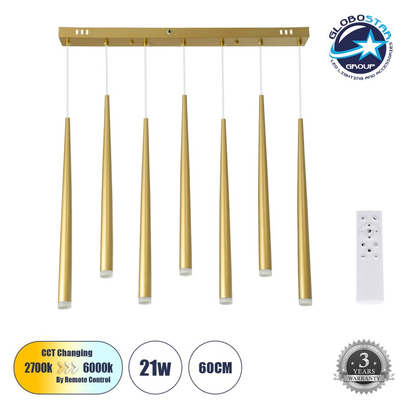 GLOBOSTAR® TEARS 61312 Μοντέρνο Κρεμαστό Φωτιστικό Οροφής LED 21W 2310lm 180° AC 220-240V IP20 Ρυθμιζόμενο Λευκό CCT με Χειριστήριο από 2700K έως 6000K Dimmable - Lumileds SMD Chip - Χρυσό Βούρτσας - Μ70 x Π3.2 x Υ60cm - 3 Χρόνια Εγγύηση