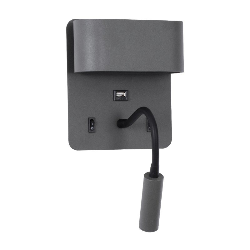 GLOBOSTAR® IBIS 61369 Μοντέρνο Φωτιστικό Τοίχου - Απλίκα Ξενοδοχείου Reading Light με Φορτιστή USB 3A LED 10W 1100lm 36° & 360° AC 220-240V IP20 Φυσικό Λευκό 4500K - Bridgelux COB Chip & TÜV SÜD Driver - Γκρι Ανθρακί Ματ - Μ10 x Π6.1 x Υ18cm - 3 Χ