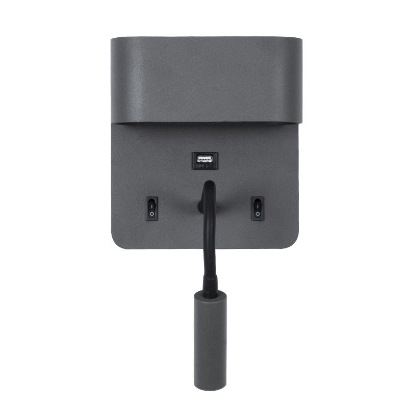 GLOBOSTAR® IBIS 61369 Μοντέρνο Φωτιστικό Τοίχου - Απλίκα Ξενοδοχείου Reading Light με Φορτιστή USB 3A LED 10W 1100lm 36° & 360° AC 220-240V IP20 Φυσικό Λευκό 4500K - Bridgelux COB Chip & TÜV SÜD Driver - Γκρι Ανθρακί Ματ - Μ10 x Π6.1 x Υ18cm - 3 Χ
