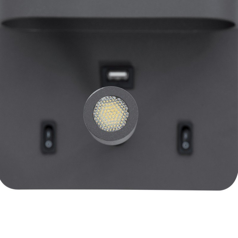 GLOBOSTAR® IBIS 61369 Μοντέρνο Φωτιστικό Τοίχου - Απλίκα Ξενοδοχείου Reading Light με Φορτιστή USB 3A LED 10W 1100lm 36° & 360° AC 220-240V IP20 Φυσικό Λευκό 4500K - Bridgelux COB Chip & TÜV SÜD Driver - Γκρι Ανθρακί Ματ - Μ10 x Π6.1 x Υ18cm - 3 Χ