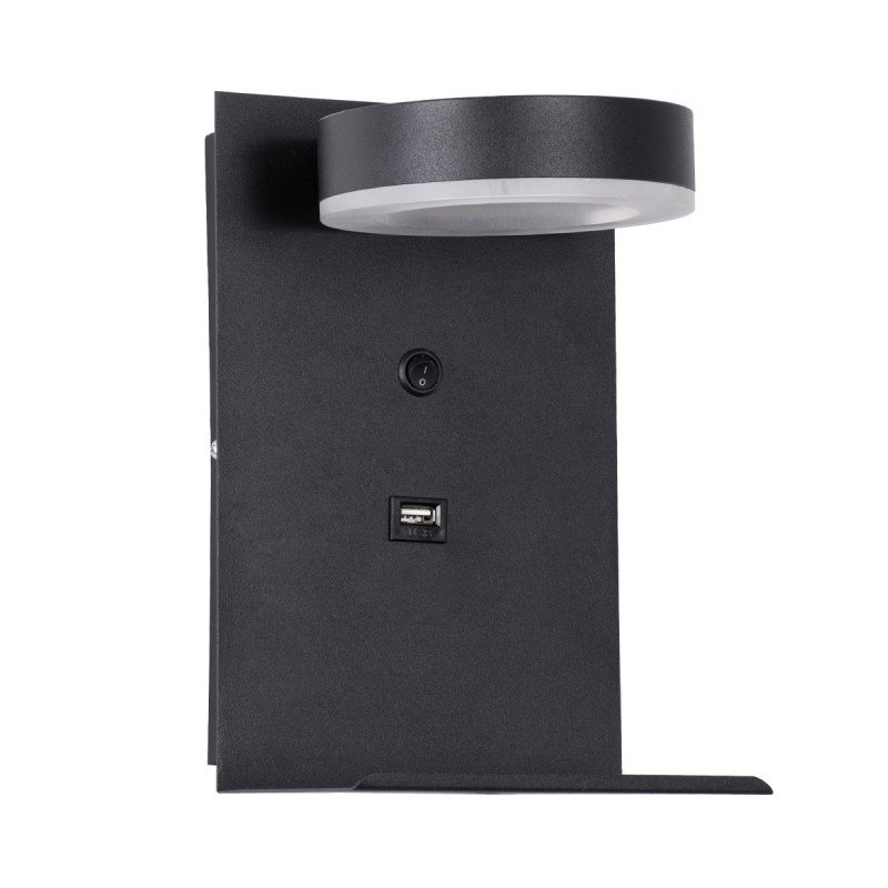 GLOBOSTAR® CROWN 61370 Μοντέρνο Φωτιστικό Τοίχου - Απλίκα Ξενοδοχείου Reading Light με Φορτιστή USB 3A LED 5W 550lm 120° AC 220-240V IP20 Φυσικό Λευκό 4500K - Bridgelux COB Chip & TÜV SÜD Driver - Μαύρο Ματ - Μ15 x Π15 x Υ23cm - 3 Χρόνια Εγγύηση