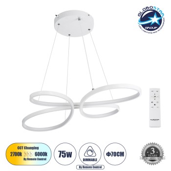 GLOBOSTAR® BUTTERFLY 61392 Μοντέρνο Κρεμαστό Φωτιστικό Οροφής LED 75W 7500lm 300° AC 220-240V IP20 Ρυθμιζόμενο Λευκό CCT με Χειριστήριο από 2700K έως 6000K Dimmable - Lumileds SMD Chip - Λευκό Ματ - Μ70 x Π55 x Υ4cm - 3 Χρόνια Εγγύηση