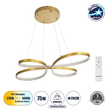 GLOBOSTAR® BUTTERFLY 61393 Μοντέρνο Κρεμαστό Φωτιστικό Οροφής LED 75W 7500lm 300° AC 220-240V IP20 Ρυθμιζόμενο Λευκό CCT με Χειριστήριο από 2700K έως 6000K Dimmable - Lumileds SMD Chip - Χρυσό Βούρτσας - Μ70 x Π55 x Υ4cm - 3 Χρόνια Εγγύηση
