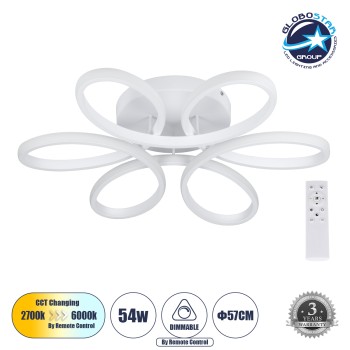 GLOBOSTAR® MARGARET 61401 Μοντέρνο Φωτιστικό Οροφής LED 54W 6210lm 360° AC 220-240V IP20 Ρυθμιζόμενο Λευκό CCT με Χειριστήριο από 2700K έως 6000K Dimmable - Lumileds SMD Chip - Λευκό Ματ - Μ57 x Π57 x Υ12cm - 3 Χρόνια Εγγύηση