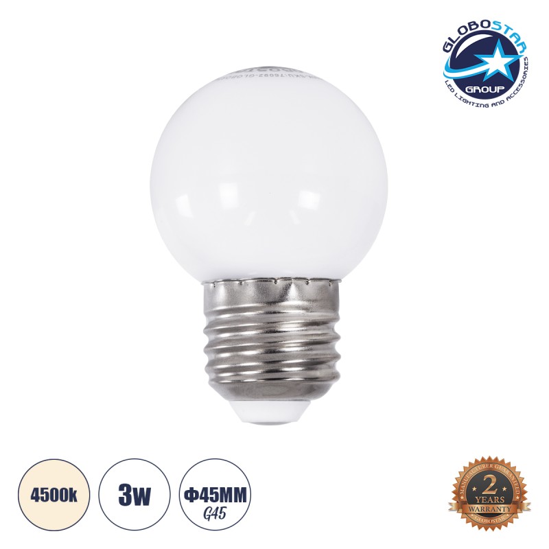 GLOBOSTAR® SPHERE 76091 Λάμπα E27 G45 LED 3W 255lm 260° AC 220-240V IP20 Φυσικό Λευκό 4500K - Sanan SMD Chip - Λευκό Γαλακτερό - Μ4.5 x Π4.5 x Υ6.9cm - 2 Χρόνια Εγγύηση