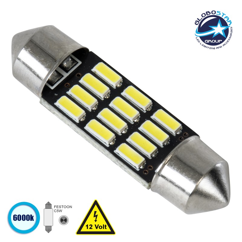 GloboStar® C5W 81306 Λάμπα Αυτοκίνητου 36mm FESTOON - LED 12 SMD 5630 3W 450lm 120° DC 12V IP20 Ψυχρό Λευκό 6000K