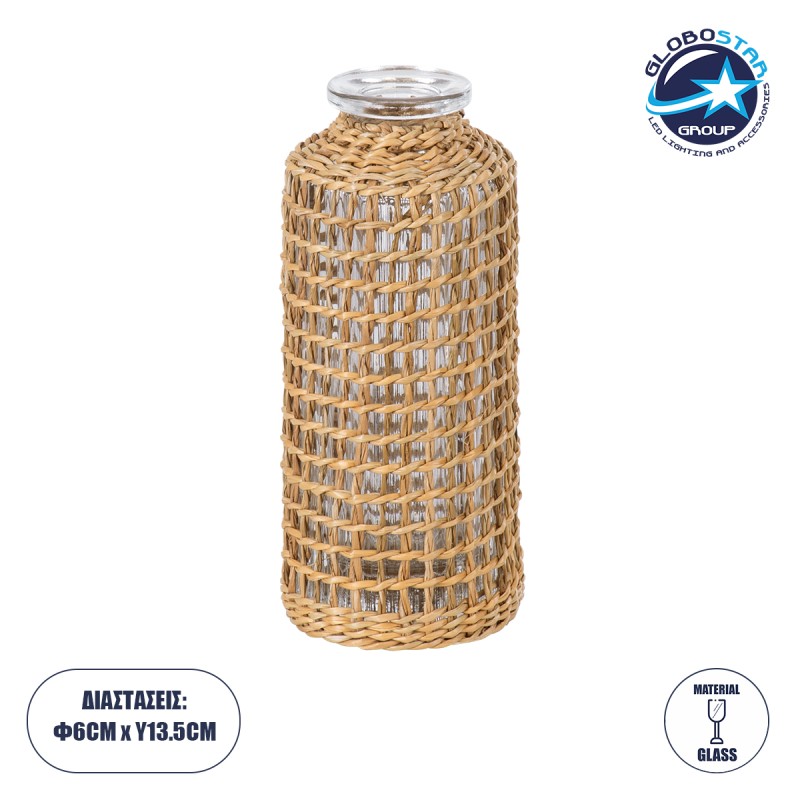 GloboStar® MANDY 35623 Διακοσμητικό Βάζο Γυάλινο Διάφανο με Μπαμπού Φ6 x Υ13.5cm