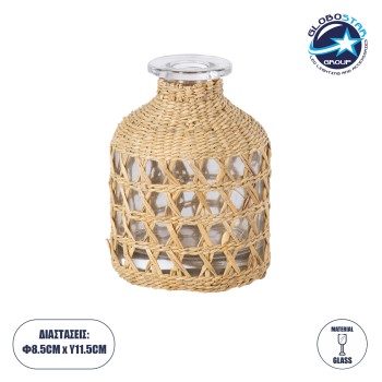 GloboStar® MANDY 35629 Διακοσμητικό Βάζο Γυάλινο Διάφανο με Μπαμπού Φ8.5 x Υ11.5cm