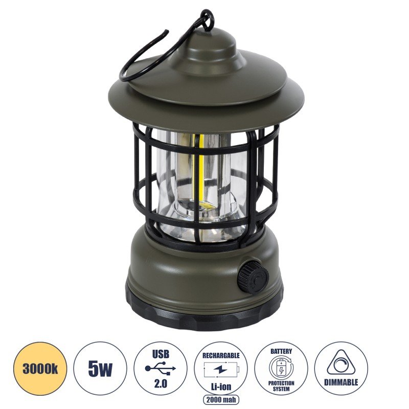 GloboStar® 85693 Αυτόνομο Επαναφορτιζόμενο Φανάρι Camping LED 5W USB 2.0 με Επαναφορτιζόμενη Μπαταρία 1 x 18650 2000mAh Li-ion - IP20 - Dimmable - Πράσινο Χακί με Διάφανο Γυαλί - Θερμό Λευκό 3000K Φ12 x Υ17cm GloboStar® 85693 Αυτόνομο Επαναφορτιζόμενο Φανάρι Camping LED 5W USB 2.0 με Επαναφορτιζόμενη Μπαταρία 1 x 18650 2000mAh Li-ion - IP20 - Dimmable - Πράσινο Χακί με Διάφανο Γυαλί - Θερμό Λευκό 3000K Φ12 x Υ17cm