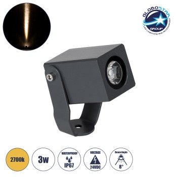 GLOBOSTAR® TREEMARO 90472 Φωτιστικό Σποτ για Φυτά - Δέντρα LED 3W 330lm 8° DC 24V Αδιάβροχο IP67 Θερμό Λευκό 2700K Dimmable - Bridgelux SMD Chip - Γκρι Ανθρακί - Μ3.5 x Π6.4 x Υ10cm - 3 Χρόνια Εγγύηση