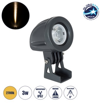GLOBOSTAR® TREEDITA 90474 Φωτιστικό Σποτ για Φυτά - Δέντρα LED 3W 330lm 8° DC 24V Αδιάβροχο IP67 Θερμό Λευκό 2700K Dimmable - Bridgelux SMD Chip - Γκρι Ανθρακί - Μ5.7 x Π6.5 x Υ9.8cm - 3 Χρόνια Εγγύηση