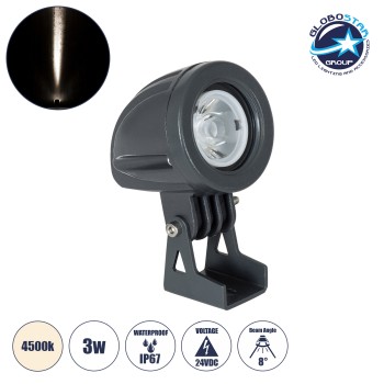GloboStar® TREELIGHT-TREEDITA 90475 Σποτ Φωτισμού Ειδικό για Φυτά - Δέντρα LED 3W 345lm 8° DC 24V Αδιάβροχο IP67 Μ5.7 x Π6.5 x Υ9.8cm Φυσικό Λευκό 4500K - Γκρι Ανθρακί - 3 Years Warranty