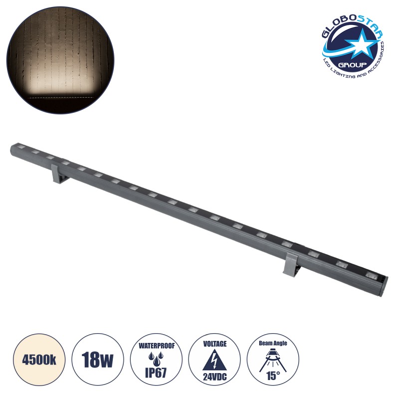 GLOBOSTAR® WASHERPANDA 90580 Μπάρα Φωτισμού Wall Washer LED 18W 2070lm 15° DC 24V Αδιάβροχο IP67 Φυσικό Λευκό 4500K Dimmable - Bridgelux SMD Chip - Γκρι Ανθρακί - Μ100 x Π4 x Υ3.5cm - 3 Χρόνια Εγγύηση