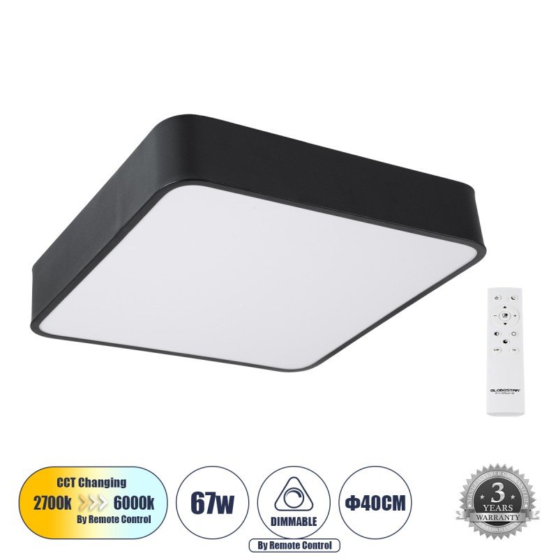 GLOBOSTAR® KAMALA 61206-S Μοντέρνο Φωτιστικό Οροφής LED 67W 6700lm 120° AC 220-240V IP20 Ρυθμιζόμενο Λευκό CCT με Χειριστήριο από 2700K έως 6000K Dimmable - Lumileds SMD Chip - Μαύρο Ματ - Μ40 x Π40 x Υ8cm - 3 Χρόνια Εγγύηση GLOBOSTAR® KAMALA 61206-S Μοντέρνο Φωτιστικό Οροφής LED 67W 6700lm 120° AC 220-240V IP20 Ρυθμιζόμενο Λευκό CCT με Χειριστήριο από 2700K έως 6000K Dimmable - Lumileds SMD Chip - Μαύρο Ματ - Μ40 x Π40 x Υ8cm - 3 Χρόνια Εγγύηση