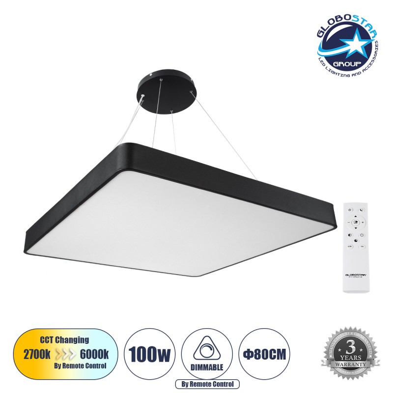 GLOBOSTAR® KAMALA 61210-P Μοντέρνο Κρεμαστό Φωτιστικό Οροφής LED 100W 10000lm 120° AC 220-240V IP20 Ρυθμιζόμενο Λευκό CCT με Χειριστήριο από 2700K έως 6000K Dimmable - Lumileds SMD Chip - Μαύρο Ματ - Μ80 x Π80 x Υ8cm - 3 Χρόνια Εγγύηση