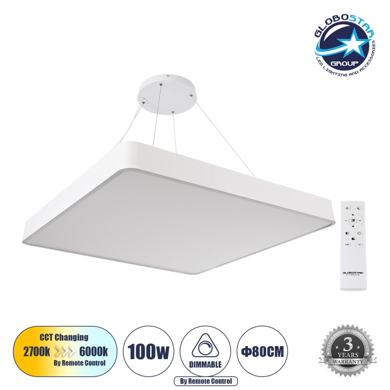 GLOBOSTAR® KAMALA 61211-P Μοντέρνο Κρεμαστό Φωτιστικό Οροφής LED 100W 11020lm 120° AC 220-240V IP20 Ρυθμιζόμενο Λευκό CCT με Χειριστήριο από 2700K έως 6000K Dimmable - Lumileds SMD Chip - Λευκό Ματ - Μ80 x Π80 x Υ8cm - 3 Χρόνια Εγγύηση