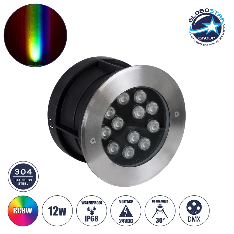 GLOBOSTAR® UNDERWATERTUNI 90422 Υποβρύχιο Χωνευτό Σποτ για Σιντριβάνια/Πισίνες LED 12W 1200lm 30° DC 24V Αδιάβροχο IP68 Πολύχρωμο RGBW Dimmable DMX512 - Bridgelux SMD Chip - Ανοξείδωτο Ατσάλι SS304 - Μ18 x Π18 x Υ11cm / Q17.5 - 3 Χρόνια Εγγύηση
