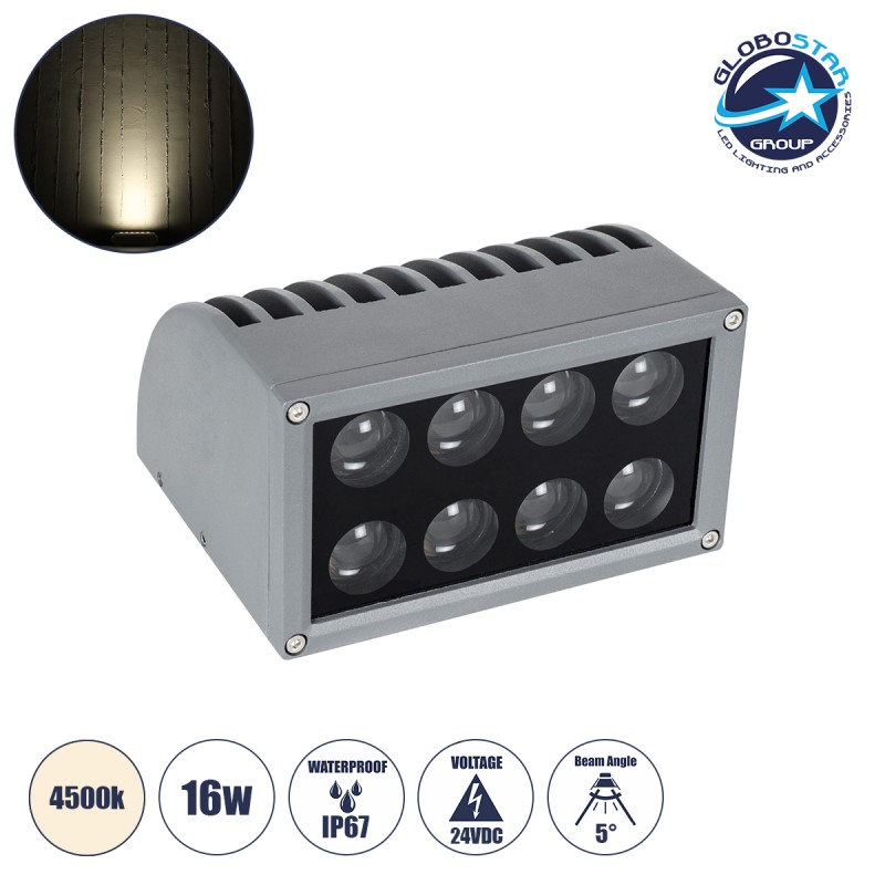 GloboStar® FLOOD-DENA 90486 Επιτοίχιος Προβολέας Wall Washer για Φωτισμό Κτιρίων - Απλίκα & Δαπέδου LED 16W 1520lm 5° DC 24V Αδιάβροχο IP67 Μ15.5 x Π13 x Υ9.1cm Φυσικό Λευκό 4500K - Γκρι Ανθρακί - 3 Years Warranty