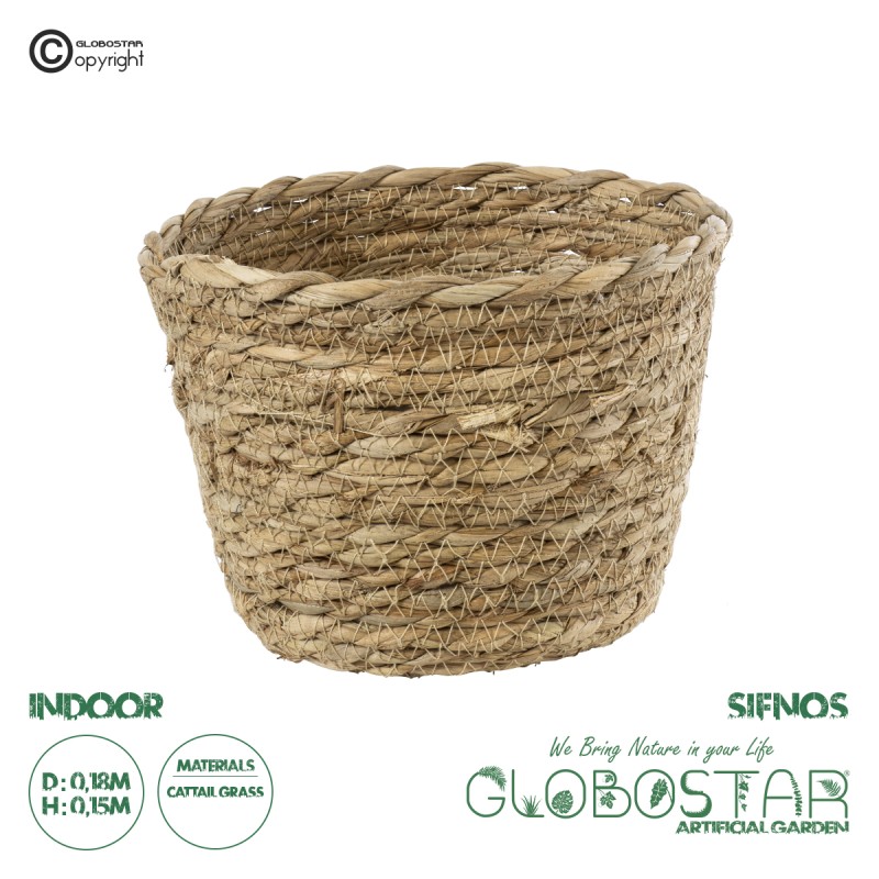 GloboStar® Artificial Garden SIFNOS 20266 Διακοσμητικό Πλεκτό Καλάθι - Κασπώ Γλάστρα - Flower Pot Μπεζ Φ18cm x Υ15cm