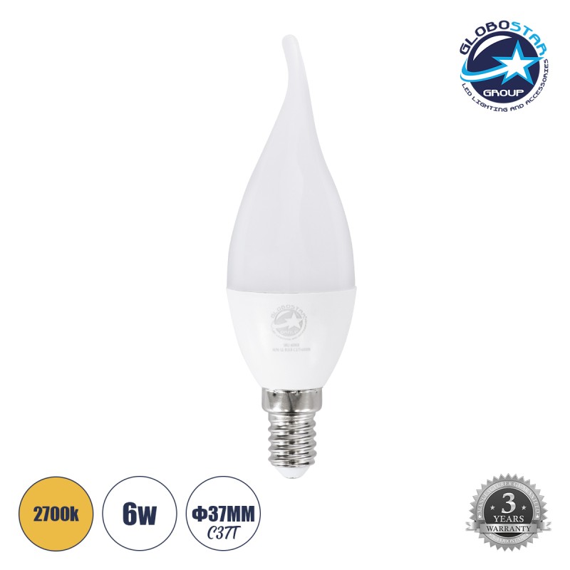 GLOBOSTAR® CANDLE 60008 Λάμπα Κεράκι E14 C37T LED 6W 564lm 260° AC 220-240V IP20 Θερμό Λευκό 2700K - Lumileds SMD Chip - Λευκό Γαλακτερό - Μ3.7 x Π3.7 x Υ12.5cm - 3 Χρόνια Εγγύηση