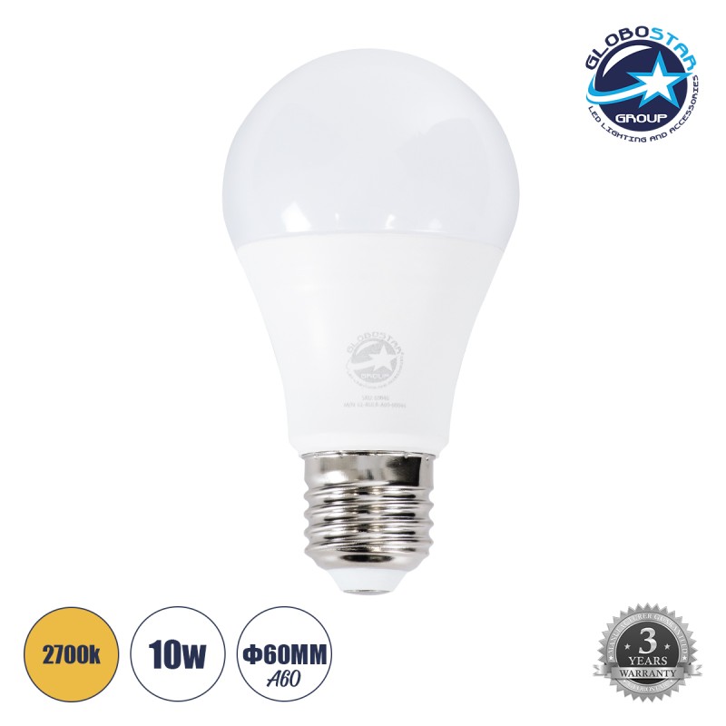 GLOBOSTAR® GLOBE 60047 Λάμπα E27 A60 LED 10W 940lm 260° AC 220-240V IP20 Θερμό Λευκό 2700K Dimmable - Lumileds SMD Chip - Λευκό Γαλακτερό - Μ6 x Π6 x Υ11cm - 3 Χρόνια Εγγύηση