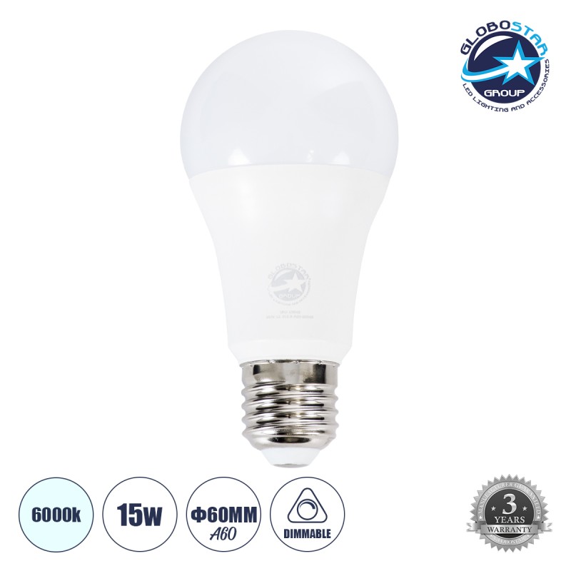 GLOBOSTAR® GLOBE 60048 Λάμπα E27 A60 LED 15W 1500lm 260° AC 220-240V IP20 Ψυχρό Λευκό 6000K Dimmable - Lumileds SMD Chip - Λευκό Γαλακτερό - Μ6 x Π6 x Υ11.9cm - 3 Χρόνια Εγγύηση