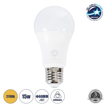 GLOBOSTAR® GLOBE 60050 Λάμπα E27 A60 LED 15W 1410lm 260° AC 220-240V IP20 Θερμό Λευκό 2700K Dimmable - Lumileds SMD Chip - Λευκό Γαλακτερό - Μ6 x Π6 x Υ11.9cm - 3 Χρόνια Εγγύηση