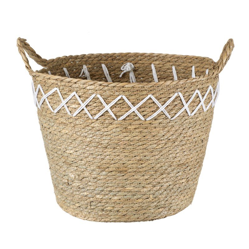 GloboStar® Artificial Garden ZAKYNTHOS 20336 ΣΕΤ 3 Διακοσμητικά Πλεκτά Καλάθια - Κασπώ Γλάστρες - Flower Pots Μπεζ με Μακραμέ A:Φ24cm x Υ20cm B:Φ28cm x Υ24cm C:Φ32cm x Υ28cm