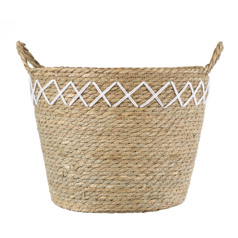 GloboStar® Artificial Garden ZAKYNTHOS 20336 ΣΕΤ 3 Διακοσμητικά Πλεκτά Καλάθια - Κασπώ Γλάστρες - Flower Pots Μπεζ με Μακραμέ A:Φ24cm x Υ20cm B:Φ28cm x Υ24cm C:Φ32cm x Υ28cm
