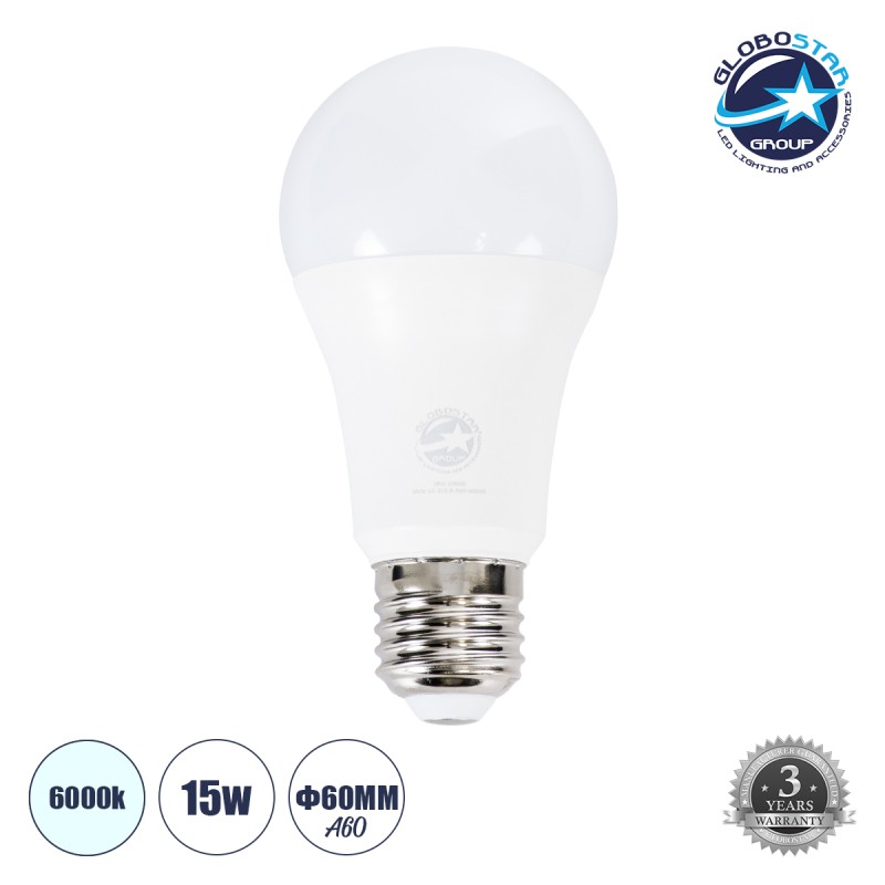 GLOBOSTAR® GLOBE 60033 Λάμπα E27 A60 LED 15W 1500lm 260° AC 220-240V IP20 Ψυχρό Λευκό 6000K - Lumileds SMD Chip - Λευκό Γαλακτερό - Μ6 x Π6 x Υ11.9cm - 3 Χρόνια Εγγύηση