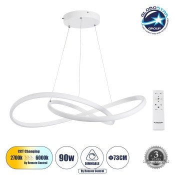 GLOBOSTAR® DEXTER 60914 Μοντέρνο Κρεμαστό Φωτιστικό Οροφής LED 90W 10080lm 300° AC 220-240V IP20 Ρυθμιζόμενο Λευκό CCT με Χειριστήριο από 2700K έως 6000K Dimmable - Lumileds SMD Chip - Λευκό Ματ - Μ73 x Π73 x Υ16cm - 3 Χρόνια Εγγύηση