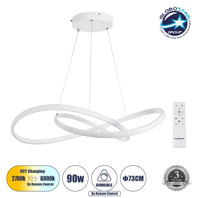 GLOBOSTAR® DEXTER 60914 Μοντέρνο Κρεμαστό Φωτιστικό Οροφής LED 90W 10080lm 300° AC 220-240V IP20 Ρυθμιζόμενο Λευκό CCT με Χειριστήριο από 2700K έως 6000K Dimmable - Lumileds SMD Chip - Λευκό Ματ - Μ73 x Π73 x Υ16cm - 3 Χρόνια Εγγύηση