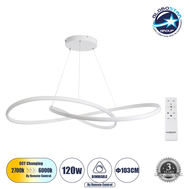 GLOBOSTAR® DEXTER 60918 Μοντέρνο Κρεμαστό Φωτιστικό Οροφής LED 120W 13440lm 300° AC 220-240V IP20 Ρυθμιζόμενο Λευκό CCT με Χειριστήριο από 2700K έως 6000K Dimmable - Lumileds SMD Chip - Λευκό Ματ - Μ103 x Π103 x Υ22cm - 3 Χρόνια Εγγύηση