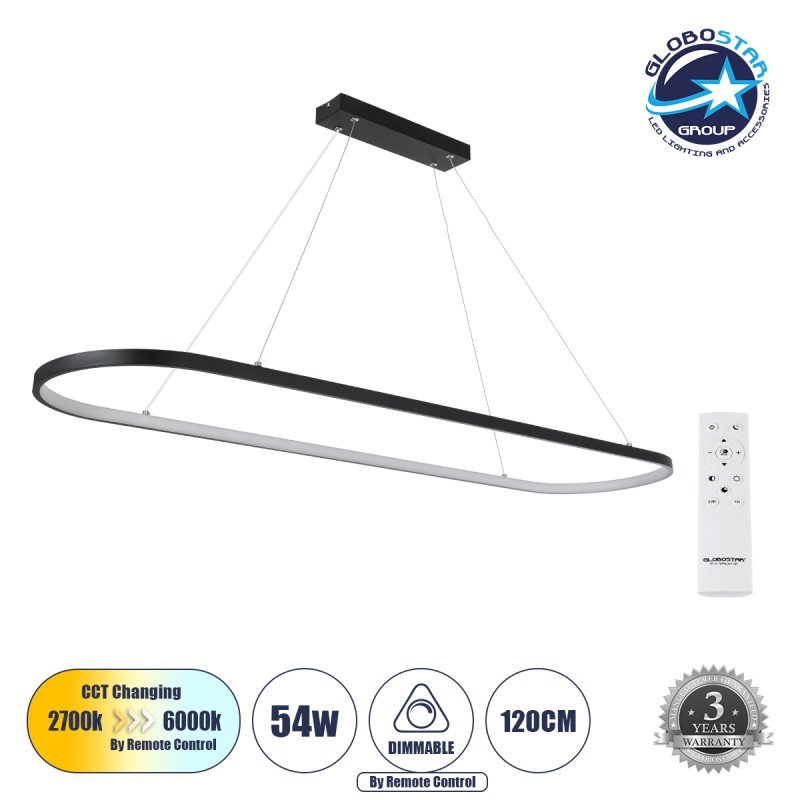 GLOBOSTAR® BOLIVAR 61271 Μοντέρνο Κρεμαστό Φωτιστικό Οροφής LED 54W 5400lm 360° AC 220-240V IP20 Ρυθμιζόμενο Λευκό CCT με Χειριστήριο από 2700K έως 6000K Dimmable - Lumileds SMD Chip - Μαύρο Ματ - Μ120 x Π30 x Υ2cm - 3 Χρόνια Εγγύηση