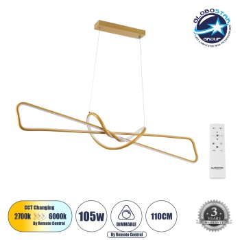 GLOBOSTAR® DOLORES 61282 Μοντέρνο Κρεμαστό Φωτιστικό Οροφής LED 105W 11760lm 300° AC 220-240V IP20 Ρυθμιζόμενο Λευκό CCT με Χειριστήριο από 2700K έως 6000K Dimmable - Lumileds SMD Chip - Χρυσό Βούρτσας - Μ110 x Π17 x Υ17.5cm - 3 Χρόνια Εγγύηση