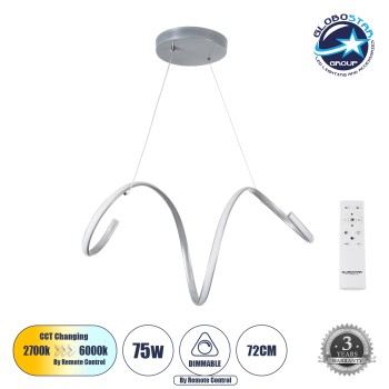 GLOBOSTAR® SPIRALE 61285 Μοντέρνο Κρεμαστό Φωτιστικό Οροφής LED 75W 7500lm 300° AC 220-240V IP20 Ρυθμιζόμενο Λευκό CCT με Χειριστήριο από 2700K έως 6000K Dimmable - Lumileds SMD Chip - Νίκελ Βούρτσας - Μ72 x Π25 x Υ30cm - 3 Χρόνια Εγγύηση