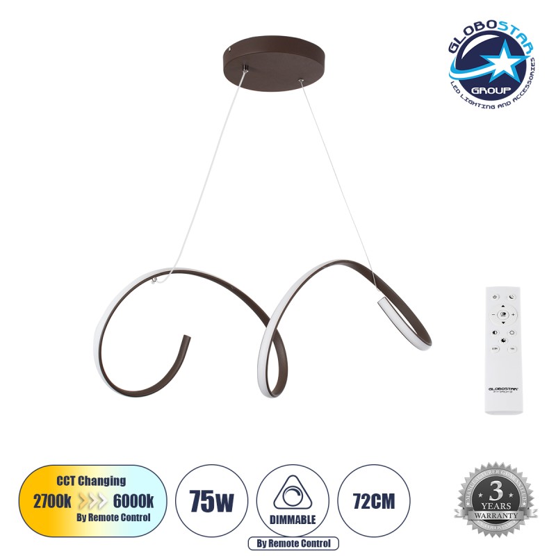 GLOBOSTAR® SPIRALE 61287 Μοντέρνο Κρεμαστό Φωτιστικό Οροφής LED 75W 8400lm 300° AC 220-240V IP20 Ρυθμιζόμενο Λευκό CCT με Χειριστήριο από 2700K έως 6000K Dimmable - Lumileds SMD Chip - Καφέ Ματ - Μ72 x Π25 x Υ30cm - 3 Χρόνια Εγγύηση