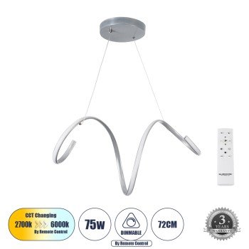 GLOBOSTAR® SPIRALE 61285 Μοντέρνο Κρεμαστό Φωτιστικό Οροφής LED 75W 7500lm 300° AC 220-240V IP20 Ρυθμιζόμενο Λευκό CCT με Χειριστήριο από 2700K έως 6000K Dimmable - Lumileds SMD Chip - Νίκελ Βούρτσας - Μ72 x Π25 x Υ30cm - 3 Χρόνια Εγγύηση GLOBOSTAR® SPIRALE 61285 Μοντέρνο Κρεμαστό Φωτιστικό Οροφής LED 75W 7500lm 300° AC 220-240V IP20 Ρυθμιζόμενο Λευκό CCT με Χειριστήριο από 2700K έως 6000K Dimmable - Lumileds SMD Chip - Νίκελ Βούρτσας - Μ72 x Π25 x Υ30cm - 3 Χρόνια Εγγύηση