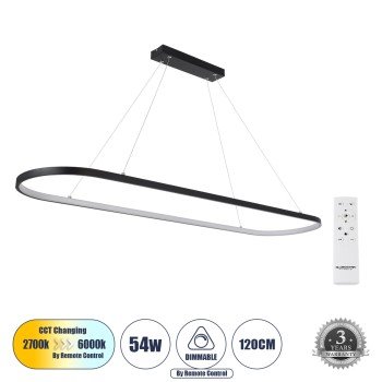 GLOBOSTAR® BOLIVAR 61271 Μοντέρνο Κρεμαστό Φωτιστικό Οροφής LED 54W 5400lm 360° AC 220-240V IP20 Ρυθμιζόμενο Λευκό CCT με Χειριστήριο από 2700K έως 6000K Dimmable - Lumileds SMD Chip - Μαύρο Ματ - Μ120 x Π30 x Υ2cm - 3 Χρόνια Εγγύηση