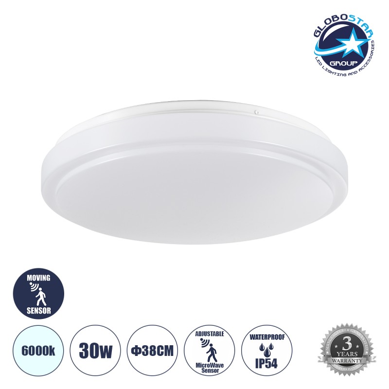 GLOBOSTAR® SENSORANO 60994 Μοντέρνο Φωτιστικό Οροφής με Ανιχνευτή Microwave / Αισθητήρα Κίνησης LED 30W 3900lm 120° AC 220-240V Αδιάβροχο IP54 Ψυχρό Λευκό 6000K - Lumileds SMD Chip - Λευκό Γαλακτερό - Μ38 x Π38 x Υ5.3cm - 3 Χρόνια Εγγύηση