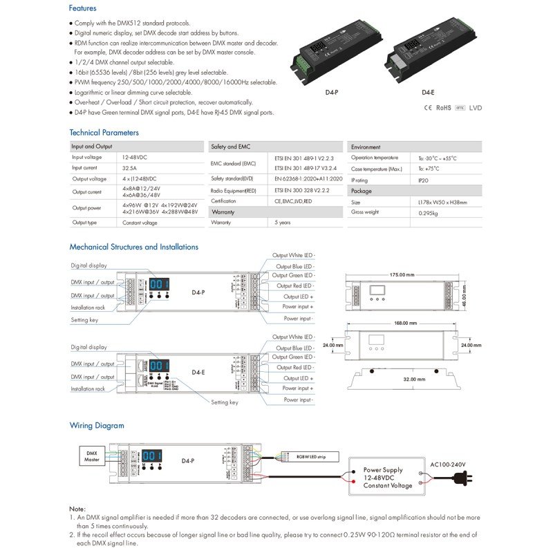 GLOBOSTAR® SKYDANCE-D4-P 70669 DC DMX Master Dimmer / Controller / Decoder Υψηλής Ταχύτητας με 4 x 8A 384W Κανάλια 12-48V 32.5A 1152W Max IP20 - DMX512 & RDM - Μ17.5 x Π4.5 x Υ2.8cm - 5 Χρόνια Εγγύηση