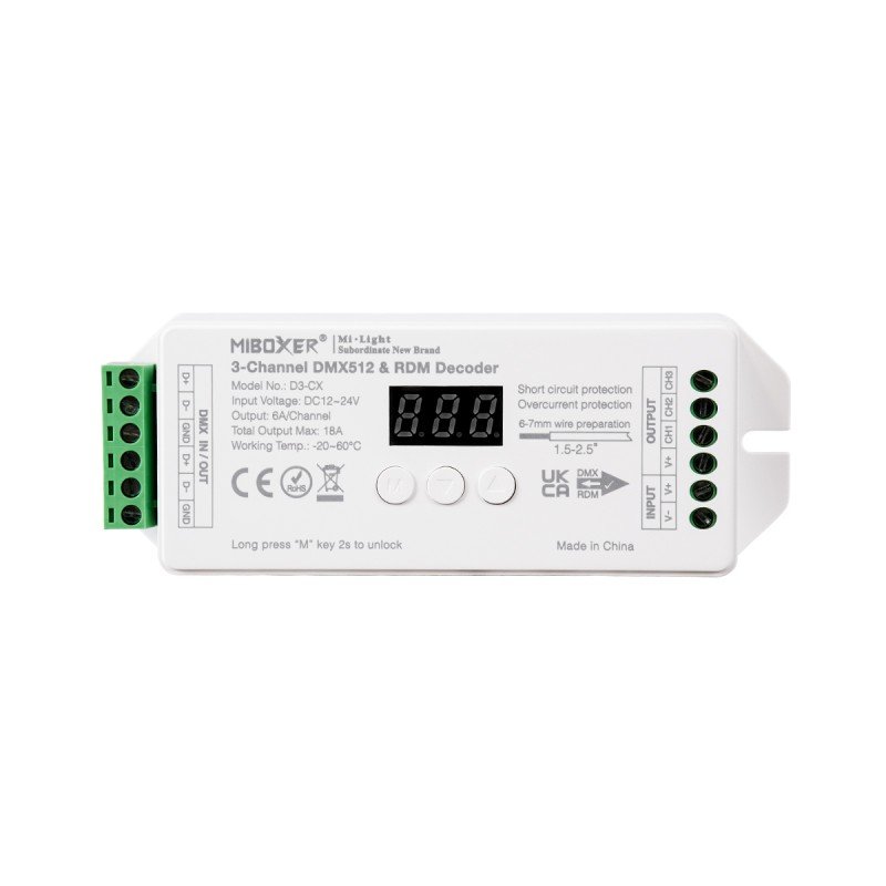 GloboStar® MiBOXER-D3-CX 71425 DC DMX & RDM Dimmer High Speed Controller / Decoder 3 Καναλιών DC 12-24V 3 x 6A 144W - Max 18A 432W - IP20 Μ13 x Π5 x Υ2.5cm - 5 Years Warranty