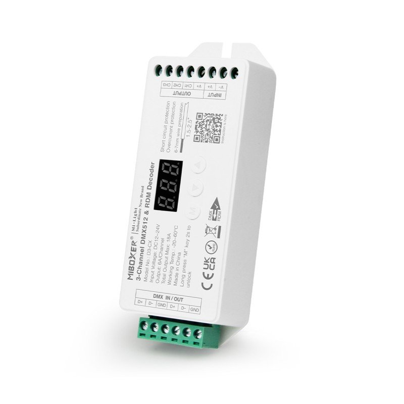 GloboStar® MiBOXER-D3-CX 71425 DC DMX & RDM Dimmer High Speed Controller / Decoder 3 Καναλιών DC 12-24V 3 x 6A 144W - Max 18A 432W - IP20 Μ13 x Π5 x Υ2.5cm - 5 Years Warranty