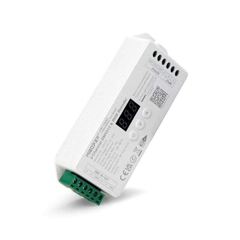 GloboStar® MiBOXER-D3-CX 71425 DC DMX & RDM Dimmer High Speed Controller / Decoder 3 Καναλιών DC 12-24V 3 x 6A 144W - Max 18A 432W - IP20 Μ13 x Π5 x Υ2.5cm - 5 Years Warranty